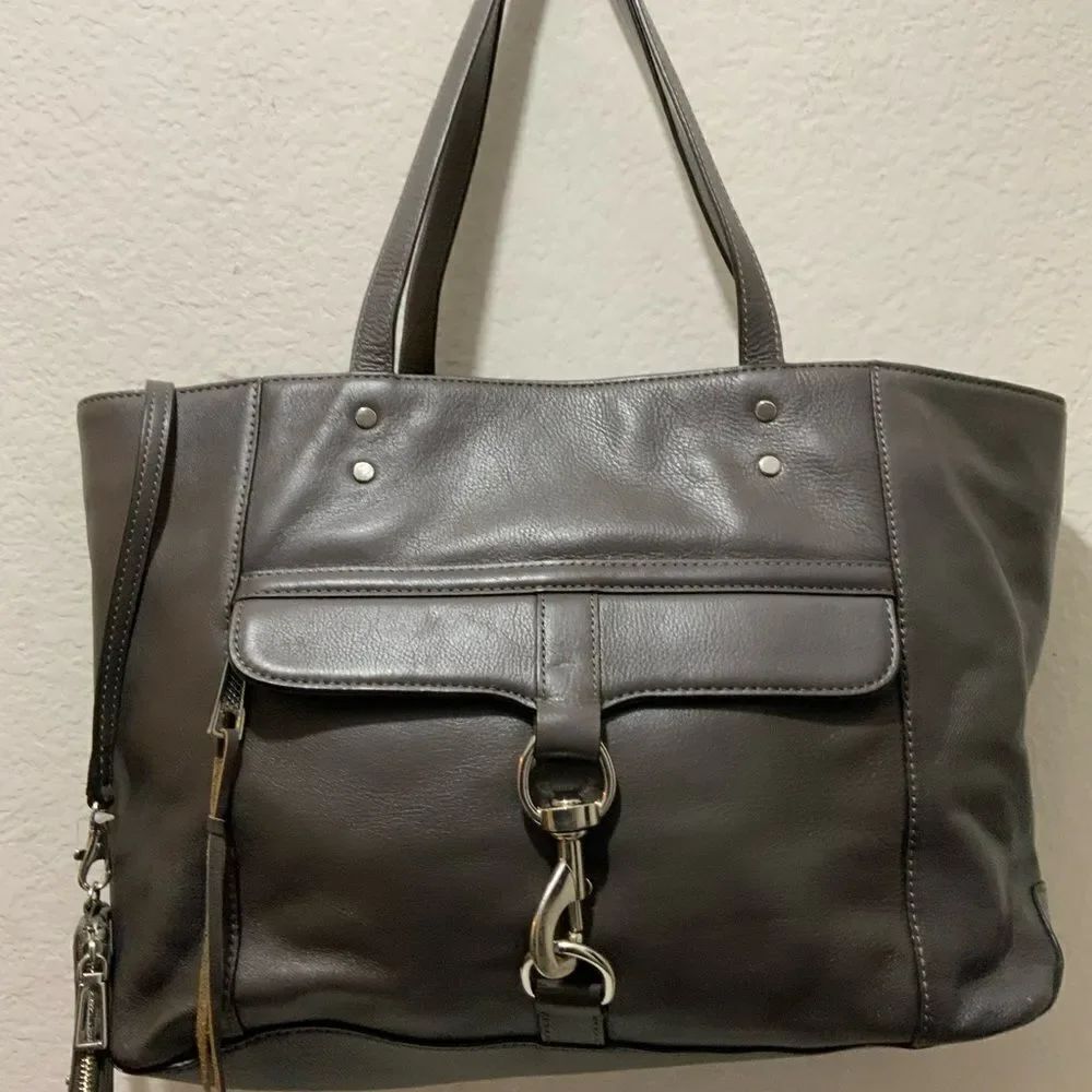 LARGE REBECCA MINKOFF BABY GRAY GENUINE LEATHER TOTE SHOULDER BAG HANDBAG PURSE